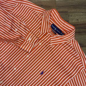 Ralph Lauren Shirt Mens 17.5/XL Orange White Striped Button Down Classic Pony